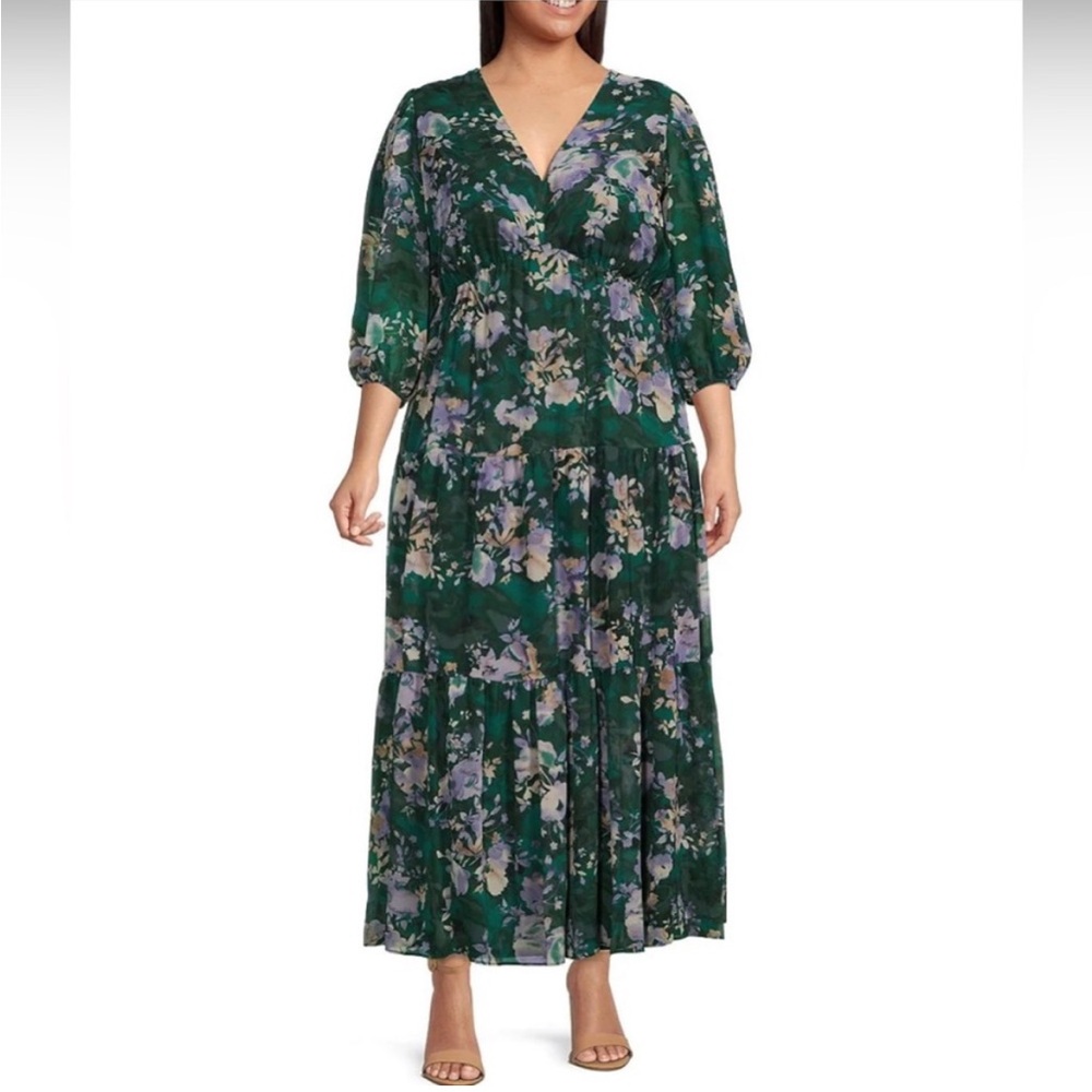 Maison Tara Floral Tiered Chiffon Maxi Dress Plus 16W V‑Neck 3/4 Sleeve